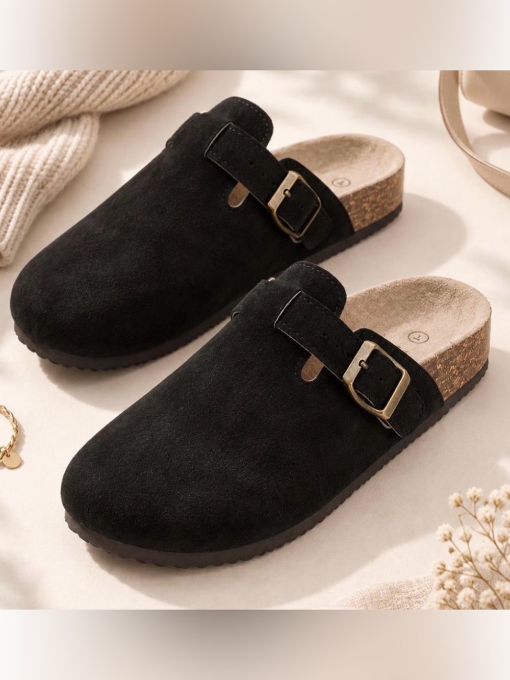 Women’s Black Suede Slip-On Clog with Buckle